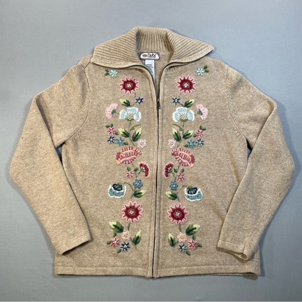 VINTAGE Tiara international Floral Embroidered Zipper Cardigan Sweater - Medium